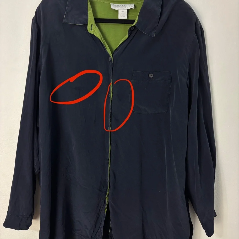 Vtg Maggie McNaughton‎ Womens Silk Navy Green Buttoned Long Sleeve Tunic Top 3X - Picture 5 of 11